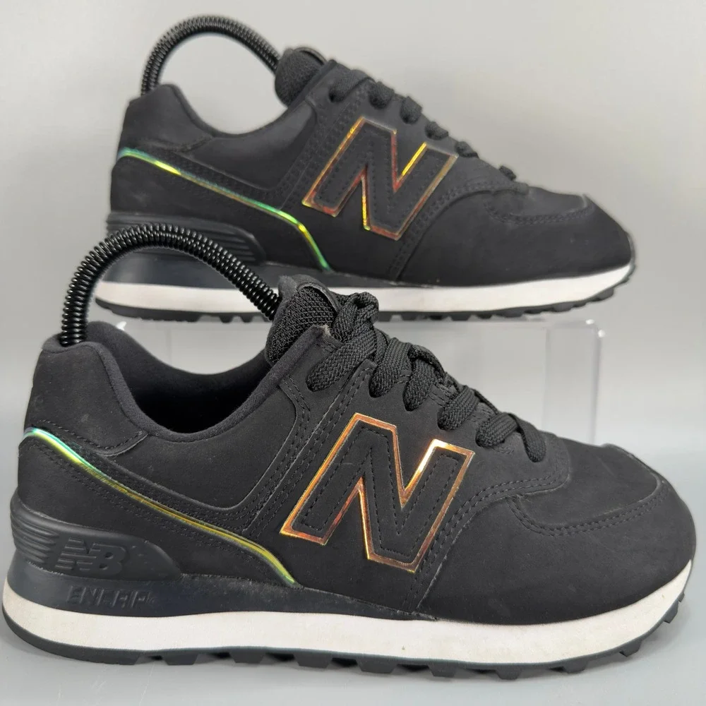 New Balance 574 Womens 6 B Casual Sneaker Black Iridescent Low Lace Up Dad Shoes